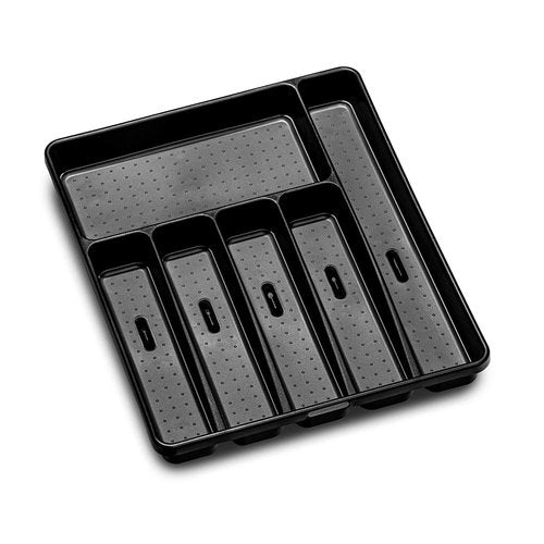 madesmart Premium Silverware Tray, 6 Compartment Flatware Organizer for Forks, Knives & Spoons, Non Slip, Soft Grip Lining, Durable Drawer Organizer, Black
