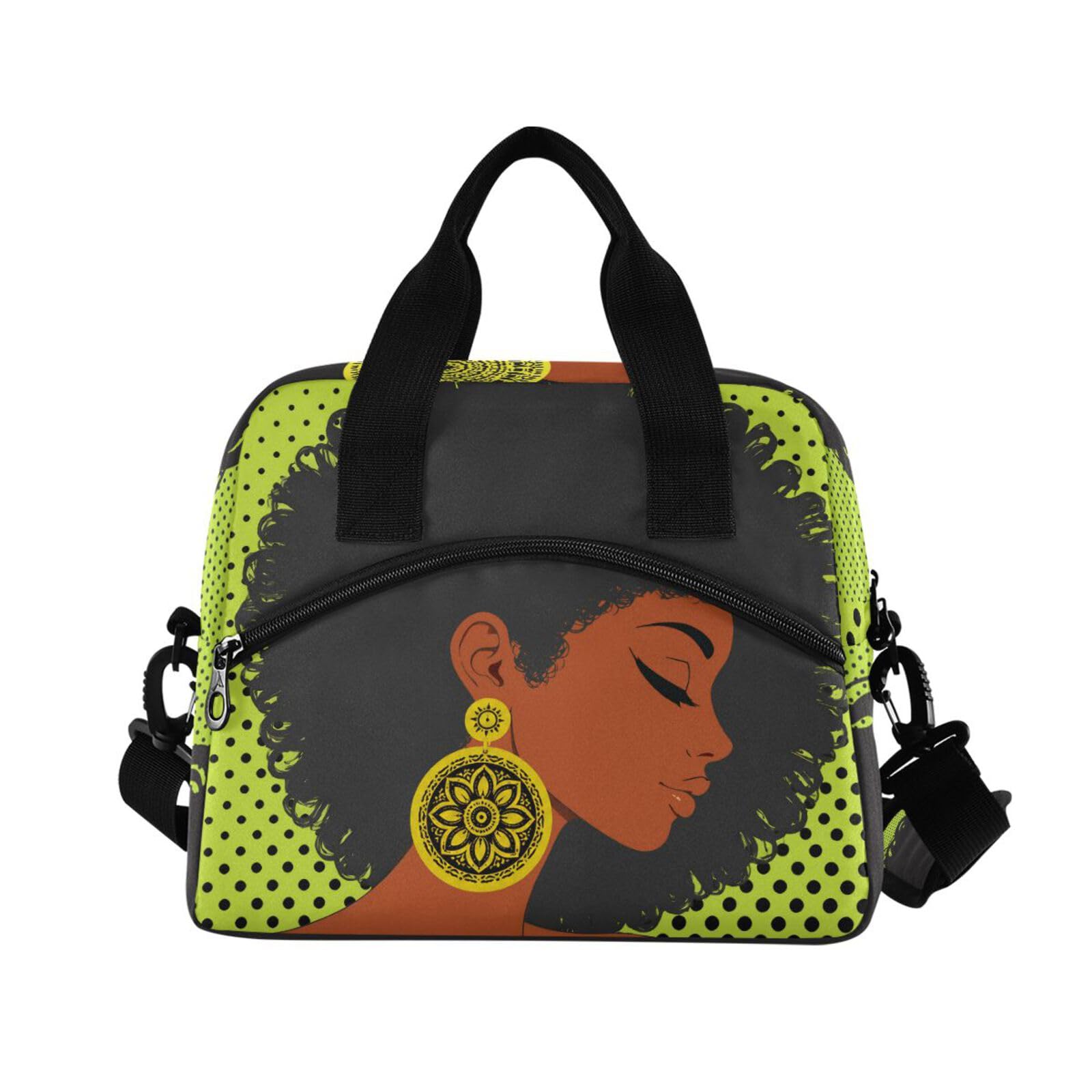 Reusable Lunch Bag for Girls Women,African American Woman Lunch Box Container with Detachable Shoulder Strap,Insulated Lunch Coolers for School Office