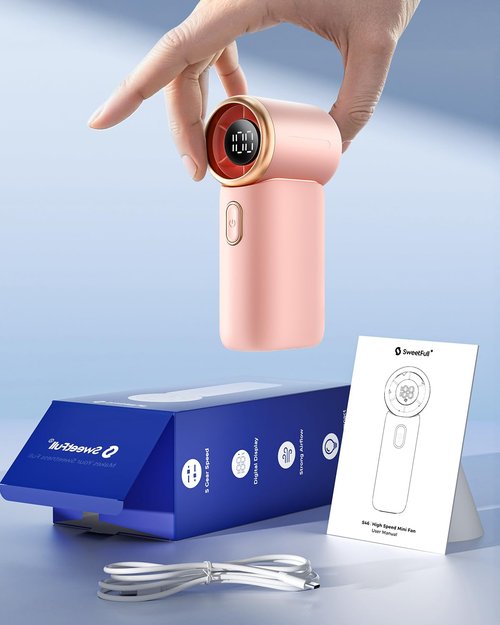 SWEETFULL Handheld Turbo Fan, 100-Speed Mini Fan with Digital Display, 12H Rechargeable Cooling, Portable for Travel & Outdoor Pink