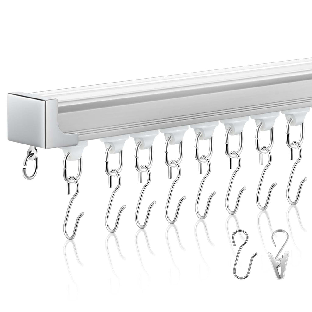 Juexica Ceiling Curtain Track Set White 13.2ft-16.4ft Heavy Duty Ceiling Mount Adjustable Length Curtain Rails with Clips Hooks End Hook for Room Divider