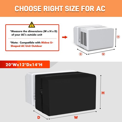 Air Conditioner Covers for Outside 20"W x 14"H x 12"D Compatible with Midea AC 8000/10000/120000 BTU, 3 Layers Insulation Window AC Covers for Outside Compatible with Midea U Shaped Unit, Black