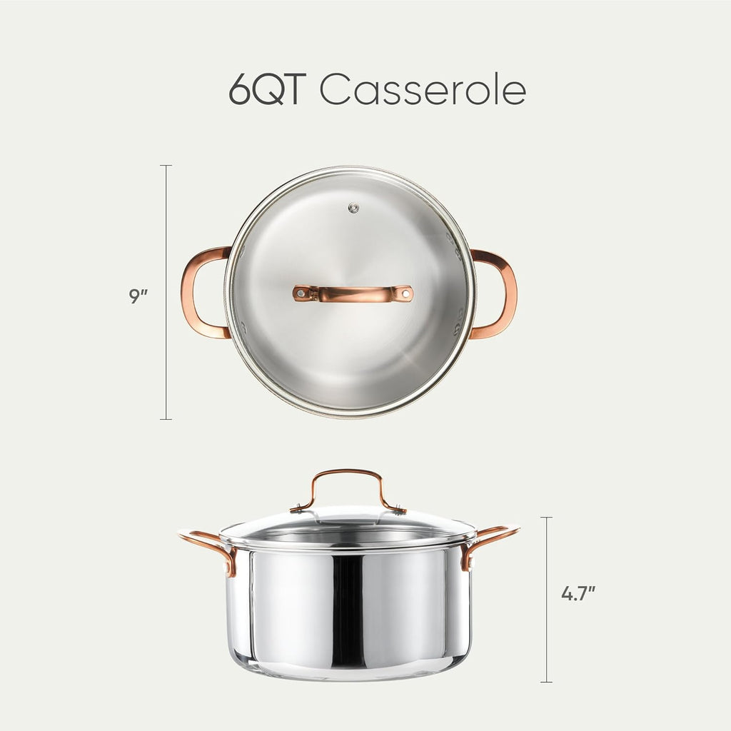 CAROTE 6 Qt Tri-Ply Stainless Steel Stockpot - Non-Toxic Soup Pot with Lid | Even Heating, Oven Safe, Induction Compatible