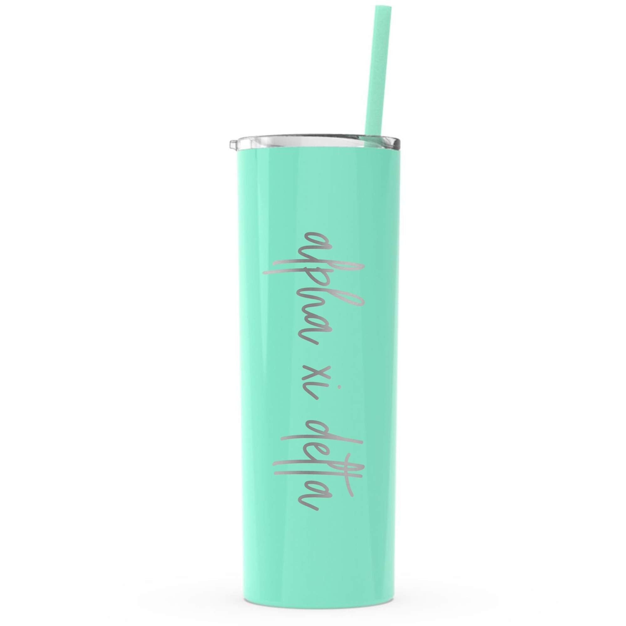 Go Greek Chic Alpha Xi Delta Laser Engraved Skinny Tumbler with Straw (Mint)