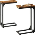 QEEIG Narrow C Shaped Side Table Set of 2 - Slim Couch Tray Tables in Rustic Brown | 7-Inch Width