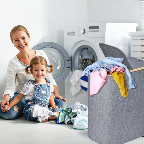 Large Laundry Hamper with Wheels | 144L Collapsible Laundry Basket with Removable Bag | Dirty Clothes Hamper with Lid for Bedroom, Bathroom | CarzyHome Double Rolling Laundry Basket with Handles, Grey