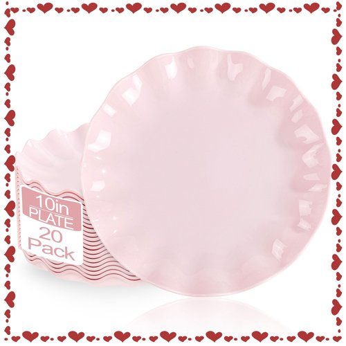 LIYH 20 Pcs 10 Inch Pink Scalloped Plastic Plates Reusable - Unbreakable Plastic Wavy Plates for Weddings Party Outdoor Picnics Dishwasher Safe BPA Free 10" Dinner Plate Easter