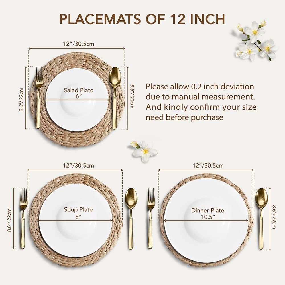 12 inch Round Placemats Set of 8, Natural Herringbone Pattern, Table Mats Braided Heat Proof, Farmhouse Boho Table Place Mat Ourdoor Wicker Chargers for Dinner Plates