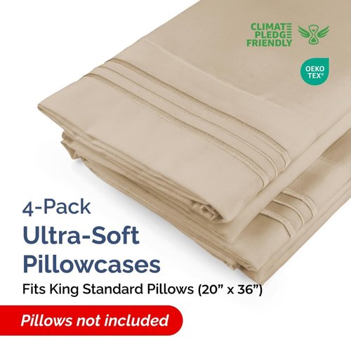 King Standard Pillow Cases - Soft Hotel Quality Pillowcase Covers | 4-Piece Set in Cream - Machine Washable