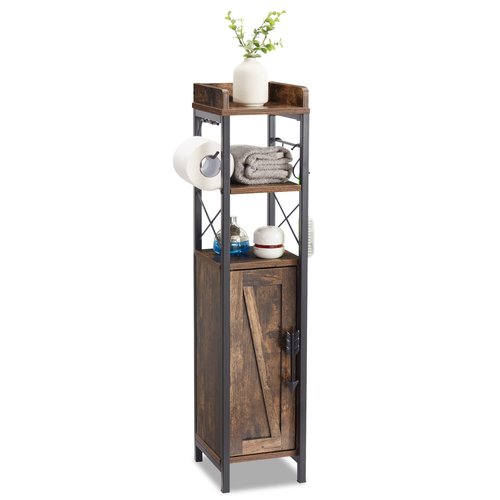 VECELO Small Bathroom Cabinet,Slim Toilet Paper Holder with Door&2 Shelves, Upgraded Narrow Storage Organizer for Restroom Bathroom Tiny Space,Metal Scroll Fenced Top Waterproof Coating,Brown