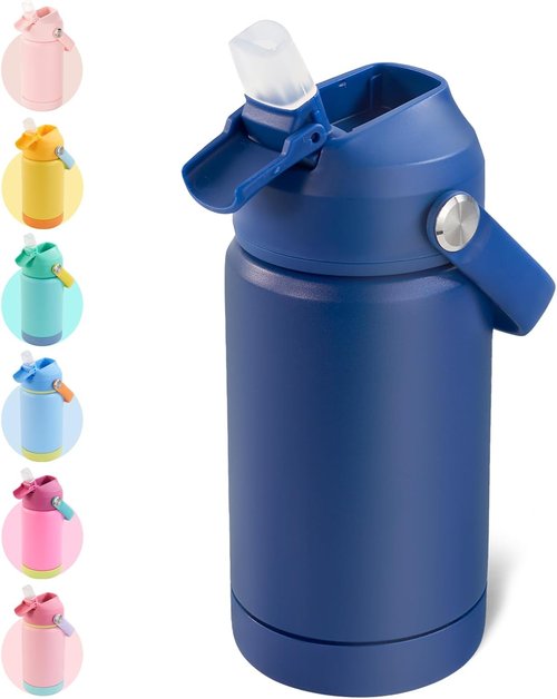 Kerilyn Kids Water Bottle - 12oz Stainless Steel Insulated Cup with Straws | Leak-Proof, BPA-Free, Blue