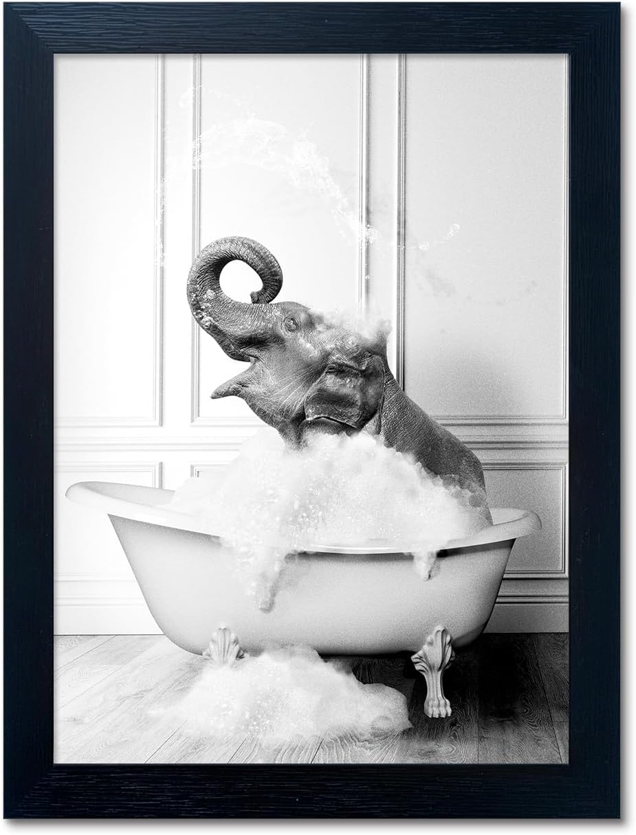 Regine Switzerland Framed Bathroom Decor - Funny Elephant in Bathtub Canvas Art | Black and White Wall Print