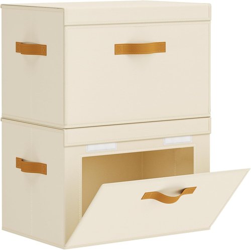 Homsorout Large Storage Bins with Lids - Front Opening Fabric Organizers, Collapsible Beige Baskets | 2 Pack
