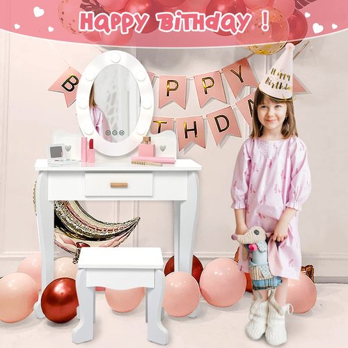 Kids Vanity Set, Pretend Play Girls Vanity Table and Chair Set with Lighted Mirror, Stool, and Wood Makeup Playset, White