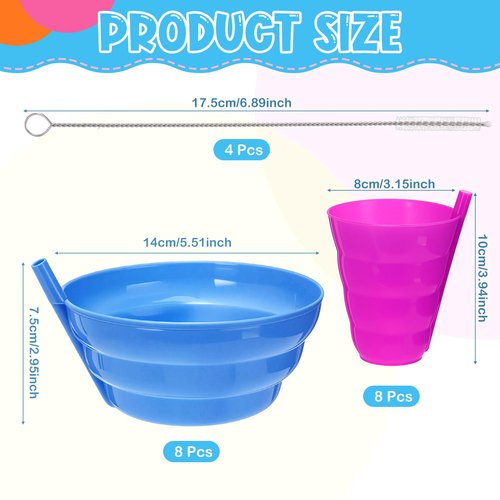 LemonRoad 20 Pcs/8 Set Cereal Bowls with Straws Colorful 16 oz Bowls and 10 oz Cups Both with Built in Straw Includes Cleaning Brushes Reusable Dishwasher for Milk Soup(Round)