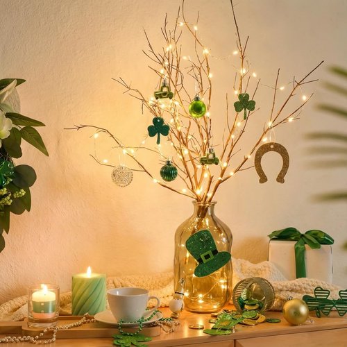 DecorbyHannah St Patricks Day Decorations Shamrock Irish Tree Ornaments Set, 18ct Green Gold St. Patrick's Day Shatterproof Good Luck Clover Hanging Horseshoe Truck Ornament for Christmas Party Spring