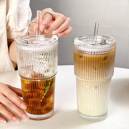 TUZAZO 20 Oz Ribbed Glass Tumblers with Lids and Straws - 4 Pack Glass Coffee Cups with Straws and Lids, Thicken Glass, Ideal for To Go Iced Coffee