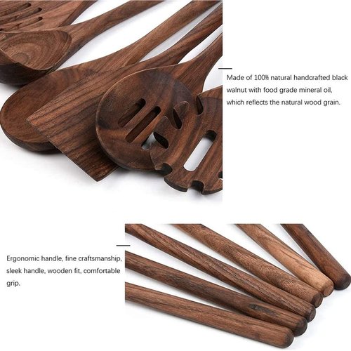 6 Pcs Black Walnut Kitchen Utensils Set,Handmade Natural Walnut Cooking Tools for Non-stick Serve Cookware with soup ladle Spatula Slotted Spatula Solid Spoon Slotted Spoon Spaghetti Server