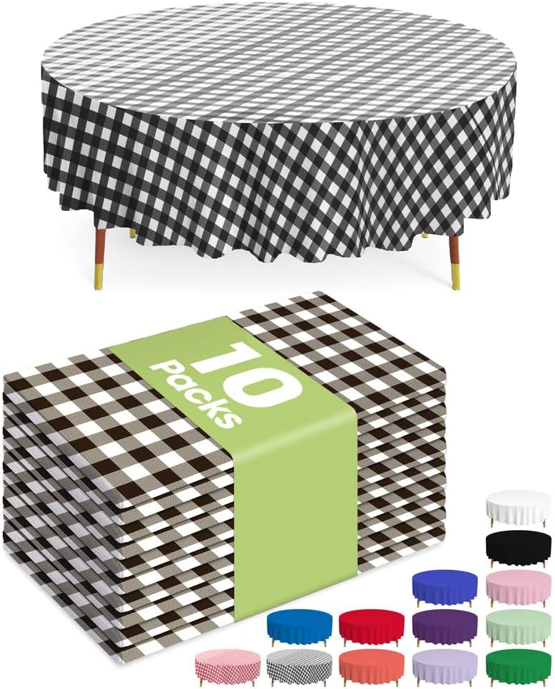 Pureegg Disposable Plastic Table Cloths - 84'' Round Gingham Checkered Design | 10 Pack, Leakproof & Sturdy, Black and White