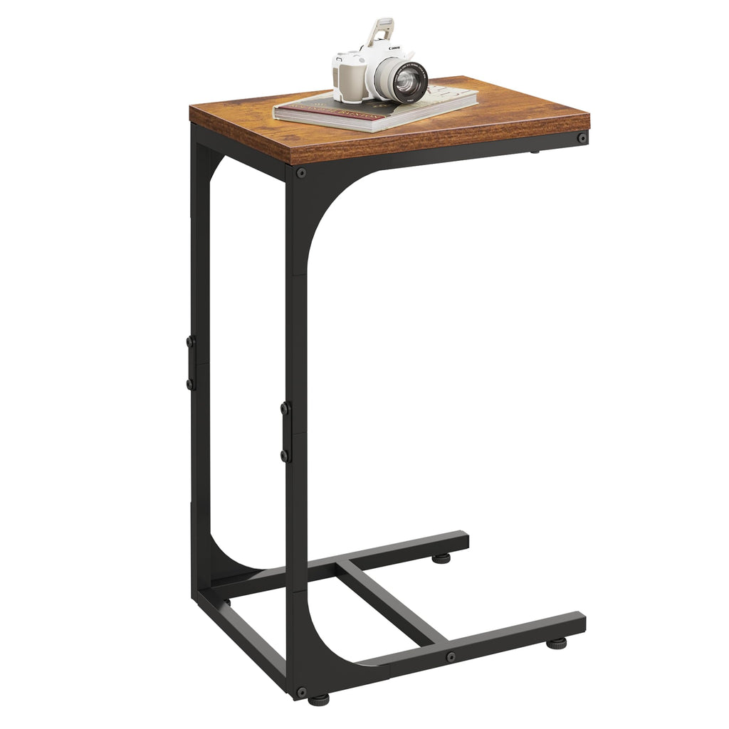 WLIVE C Shaped End Table, Small Couch Side Tables with Metal Frame That Slide Under, Sofa Table TV Tray for Living Room, Bedroom, Rustic Brown