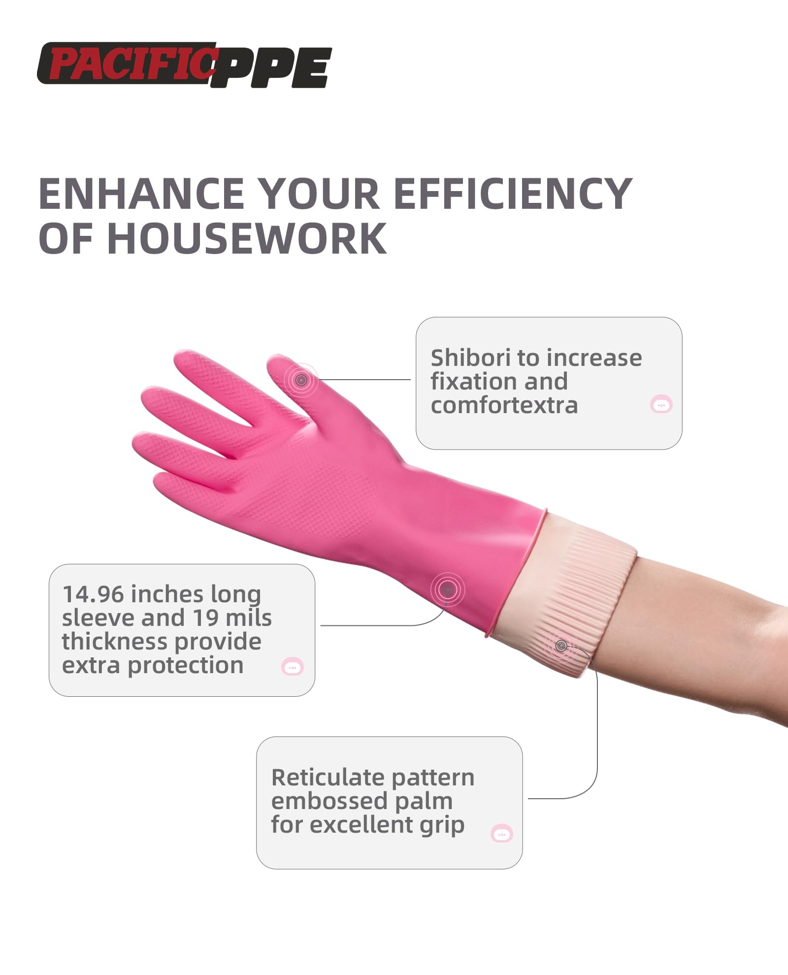 PACIFIC 2 Pairs Reusable Rubber Gloves for Washing Dishes and Cleaning Tasks, Water Resistant Household Gloves for Kitchen Bathroom, Grippy Latex Dish Washing, Pink, Small