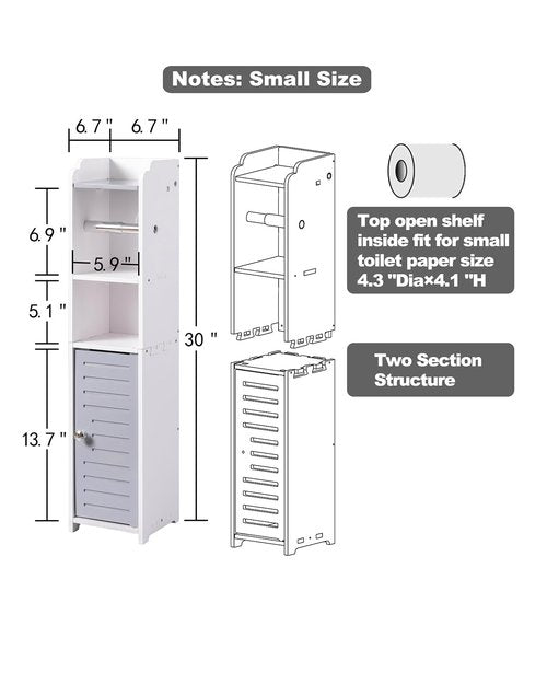 AOJEZOR Toilet Paper Holder Stand: Small Bathroom Storage Cabinet - Light Grey - White