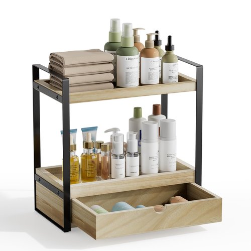 Boulphia 2-Tier Bathroom Organizer Countertop with Drawer, Wood Bathroom Counter Shelf for Storage, Vanity Organizer Countertop for Kitchen, Office