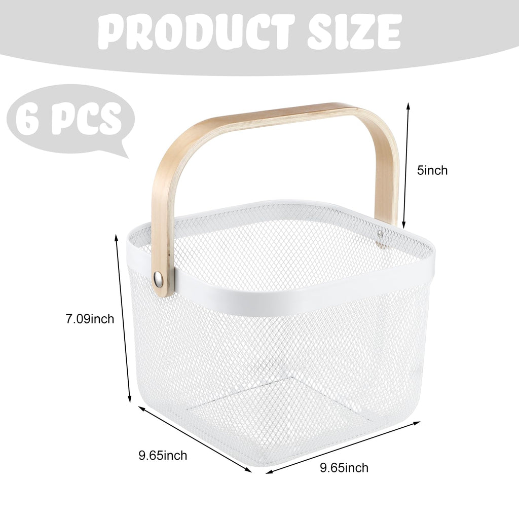 Roshtia White Metal Wire Storage Basket with Wooden Handle, Decorative Farmhouse Organizer Bin for Bathroom Counter, Pantry Shelf, Kitchen Storage, Gift Basket for Spa, Baby Shower, Wedding, 9.65 Inch