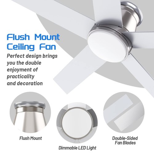 wurzee 52" Flush Mount Ceiling Fan Brushed Nickel Ceiling Fan 6 Speeds DC Reversible Motor, Timing, Dimmable, 5 Blades for Bedroom,Living, Dining Indoor Patio Porch Garage Shop