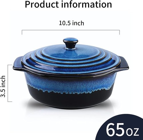 KOOV Ceramic Casserole Dish - 2 Quart Round Baking Dish with Lid, Oven Safe, Reactive Glaze
