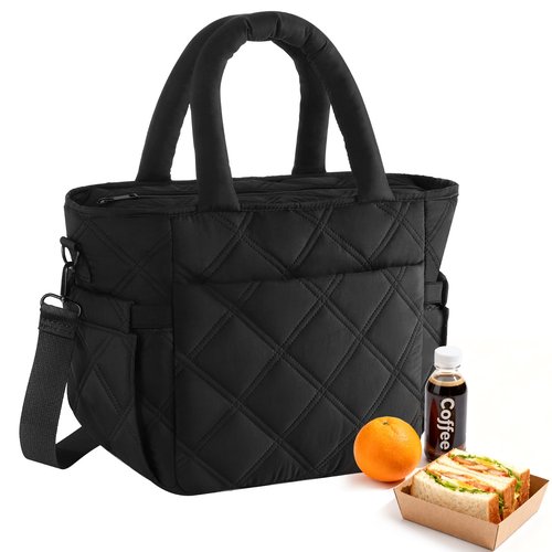 Afuosy Insulated Lunch Box for Women Men, Soft & Puffy Lunch Bag, Large Capacity Leakproof Reusable Tote Cooler Bag with 4 Pockets, Adjustable Strap, Ideal for Work, Outdoors, Picnic, Travel (Black)