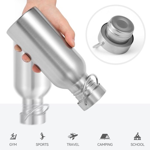 Volhoply 20oz Uninsulated Single Walled Water Bottle, Stainless Steel Reusable Water Bottles with Handle, BPA Free & Plastic Free 18/8 304 Metal Water Bottles for Camping, Hikers, Cyclists