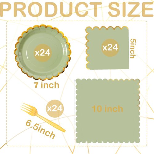 Leapig Green mix scalloped party plates with napkins and fork gold foil border, 24 Guest disposable Tableware Set Sage Green Party Decoration for Birthday Coquette Bridal Baby Shower Valentines