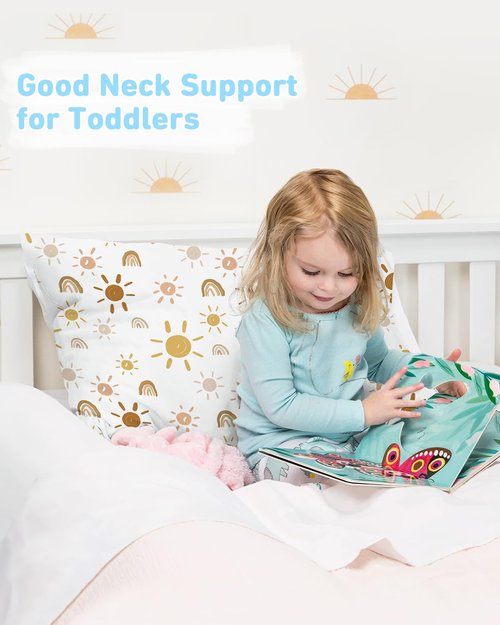 Babebay Toddler Pillow - 13x18 Machine Washable Kids Pillow with Case | Perfect for Travel - Sunshine Rainbow