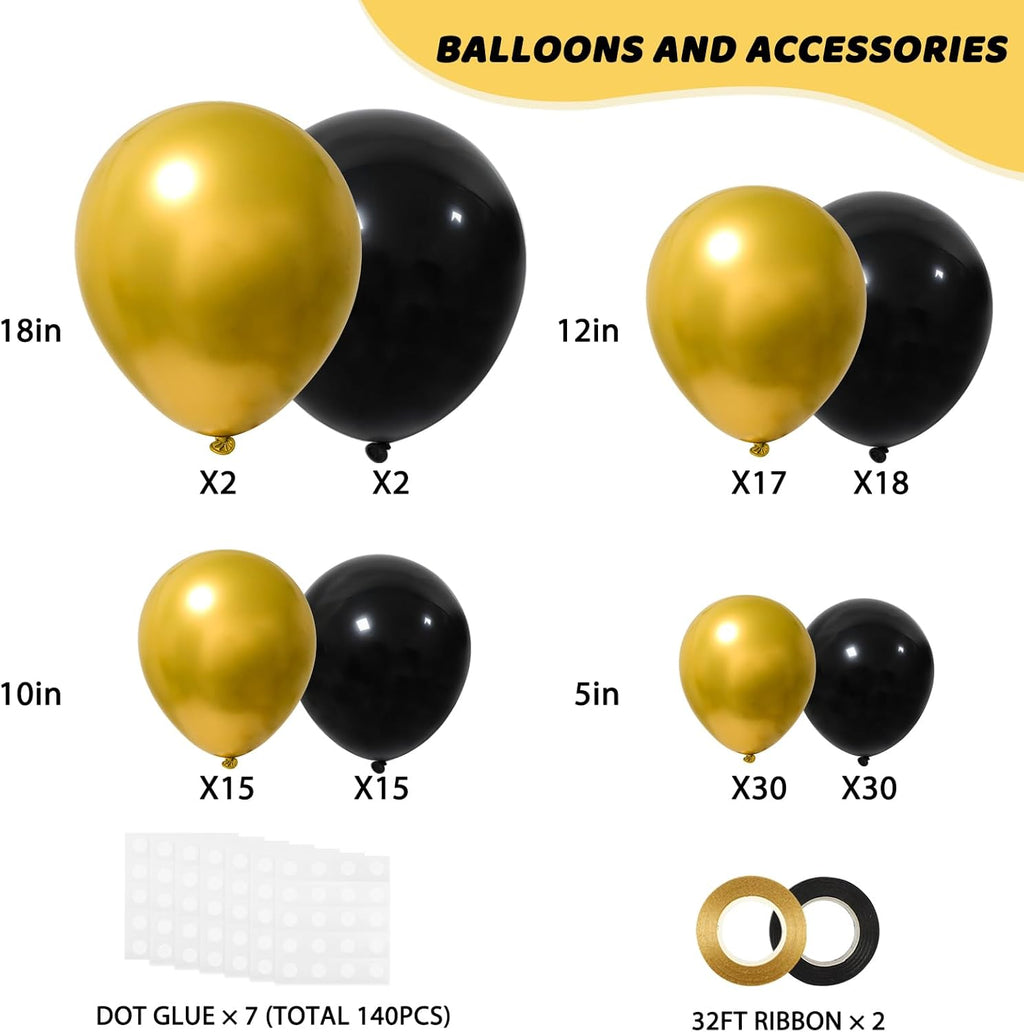 RUBFAC Black and Gold Balloons - 129-Piece Latex Balloon Garland Kit for Party, Wedding, and Birthday Decor