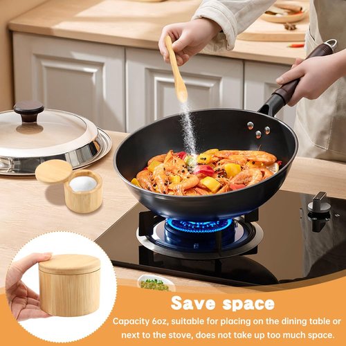 Londehuhai Magnetic Rotating Lid Bamboo Spice Jar with Built in Spoon, 6oz Salt Cellar Small Sal-t Box, Kitchen Salt Pepper Shaker, Easy-Pour Spice Dispenser for Sugar, Herbs, Seasonings(COLOR:Wood)
