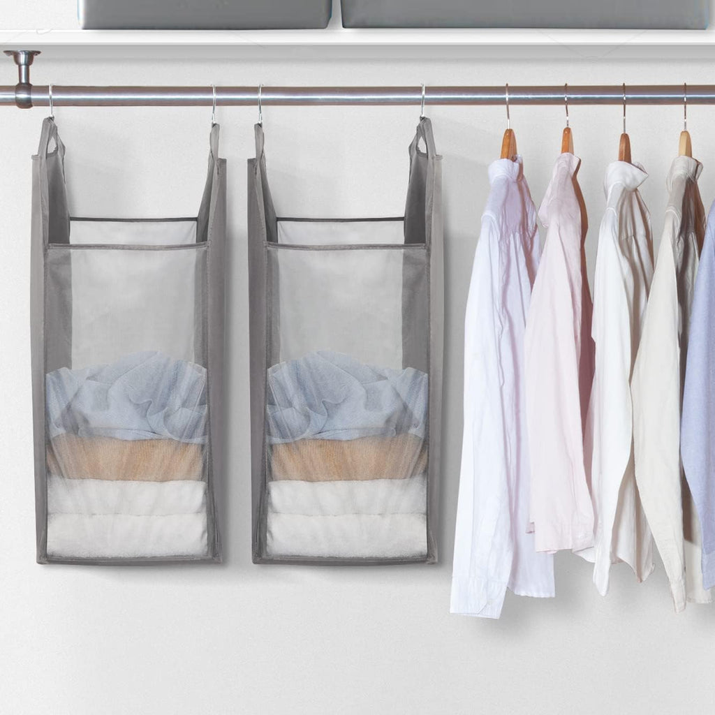 Storage Maniac 2-Pack Hanging Laundry Hamper - Slim Double Organizer with Front Mesh Bag - Grey
