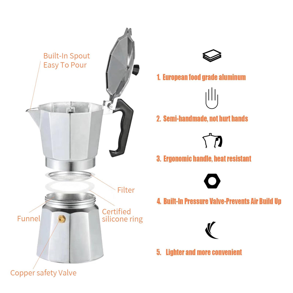 MVPLUE Classic Moka Pot 6 Cup 9 oz，Stovetop Espresso Maker Aluminum Silver，Cuban Coffee Maker， Greca includes Replacement Parts，Perfect Camping Coffee Pot，Make Delicious Coffee Easily at Home