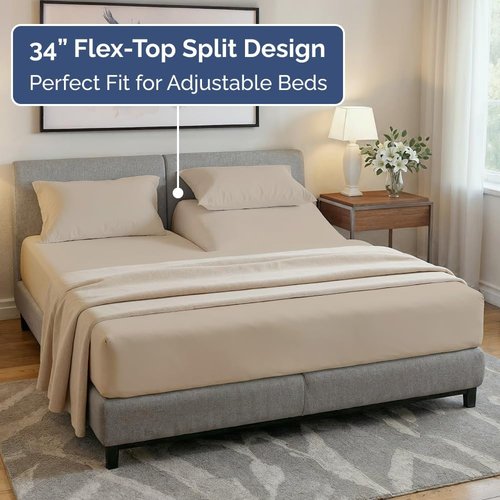 Flex Top Split Head King Sheet Set - Ultra-Soft, Breathable & Cooling Luxury Bedding - Deep Pockets, Oeko-Tex - Wheat