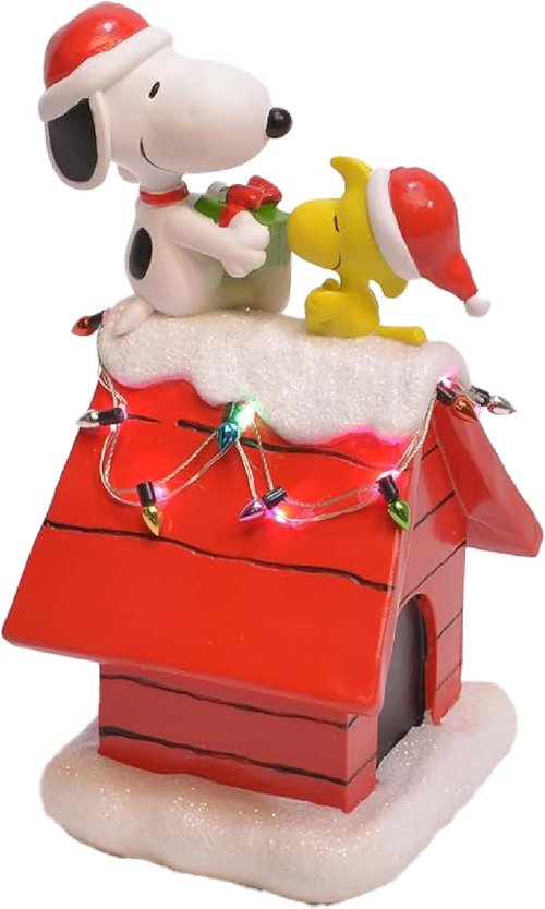 Mark Feldstein Peanuts Snoopy's Dog House Figurine - LED Christmas Lights, Red, 7.5 Inch
