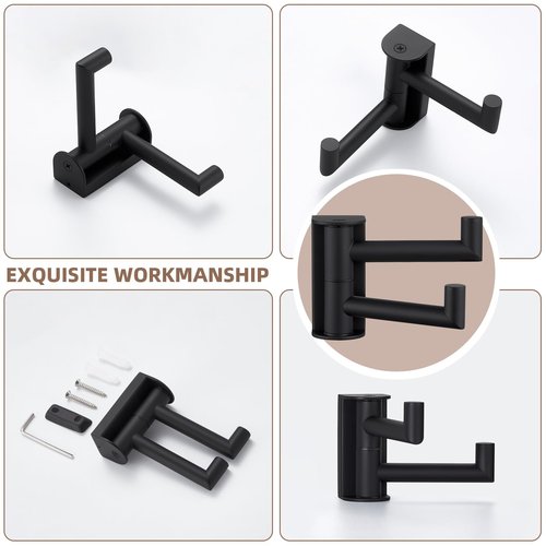 Suyar Double Towel Hook Matte Black, SUS 304 Stainless Steel Heavy Duty Wall Hook for Bathroom, Swivel Coat Holder, Towel Hanger with 2 Foldable Arms, 2 Pack