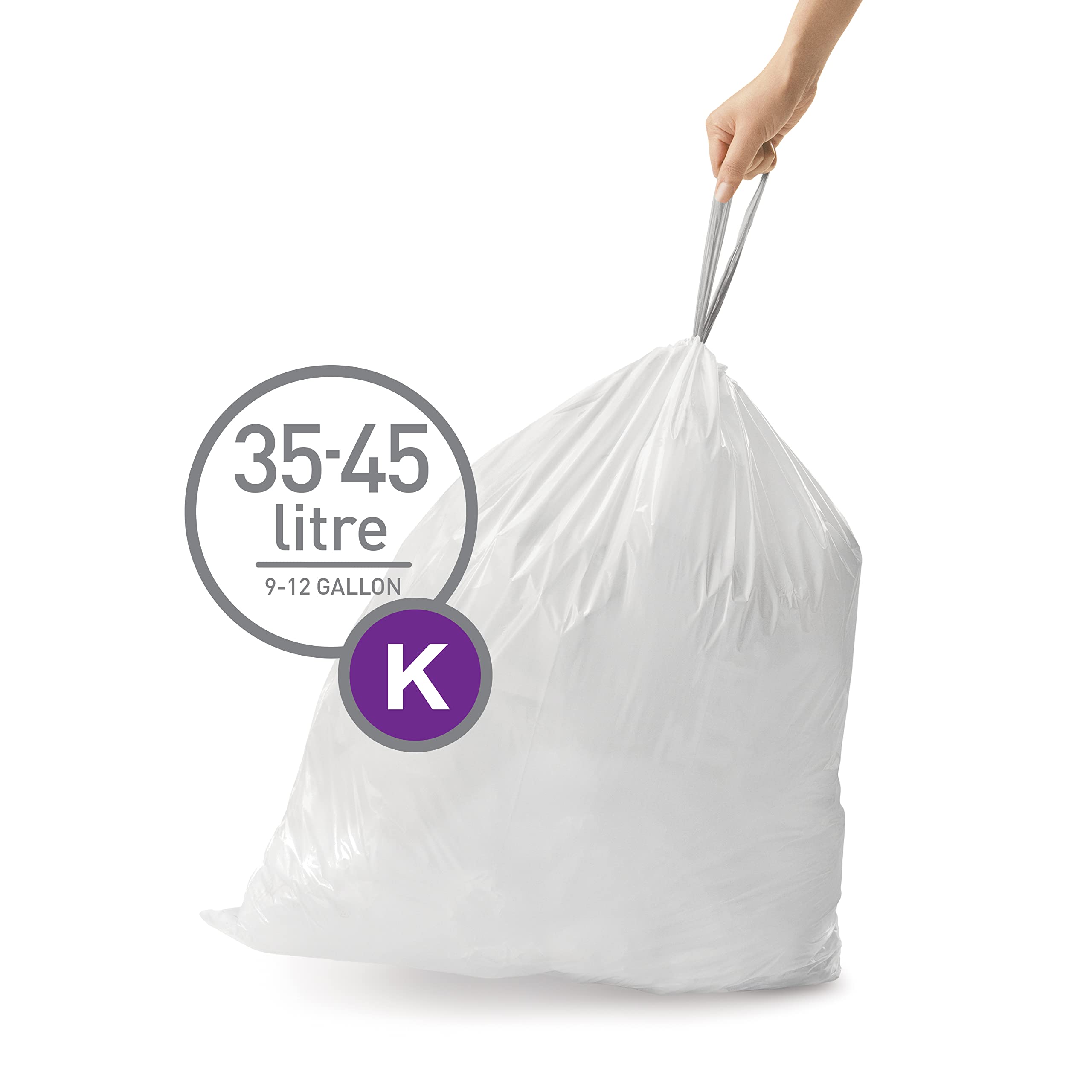 simplehuman Code K Custom Fit Drawstring Trash Bags in Dispenser Packs, 35-45 Liter / 9.2-12 Gallon, White – 20 Liners