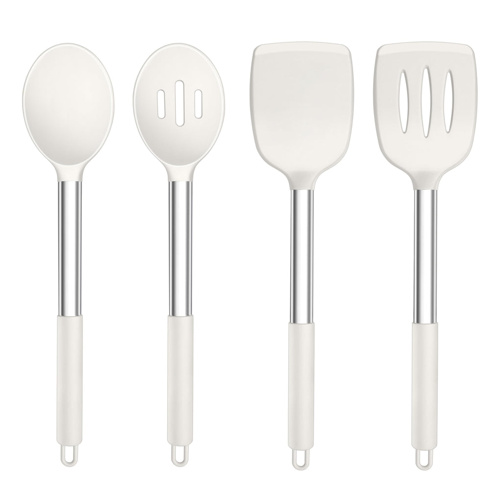 TeamFar Kitchen Utensils, 4 PCS Silicone Cooking Utensils with Stainless Steel Handle, for Nonstick Cookware Frying/Flipping/Draining, Non-toxic & Heat-proof, Non-scratch & Dishwasher Safe