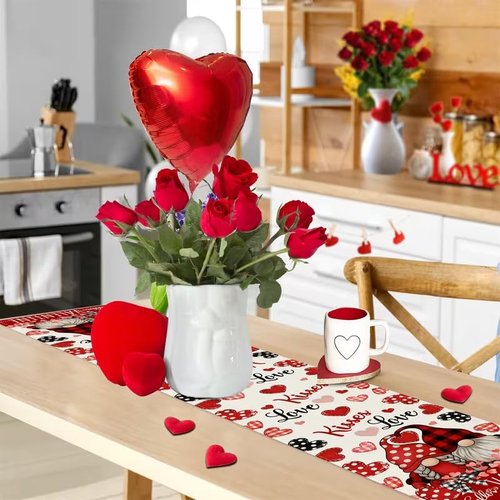 Valentine Red Buffalo Plaid Gnomes Heart Table Runner 13x72 Inch, Linen Love Kitchen Dining Table Decoration for Home Party Holiday Wedding Anniversary