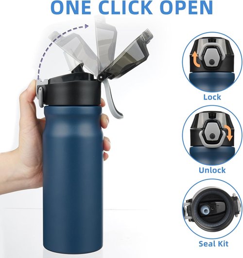 BJPKPK Insulated Water Bottle - 18oz Stainless Steel Flask with Straw & Carry Handle | Navy Blue