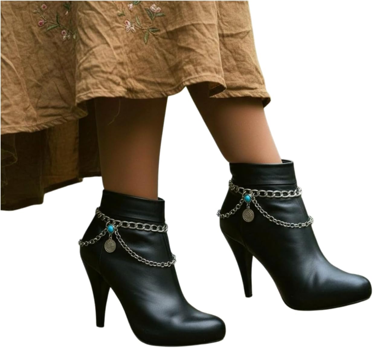 Skiennix Women's Silver Boot Chain Anklet Set - Adjustable Ethnic Coin & Turquoise Beads | 11-15 in Curb Chain