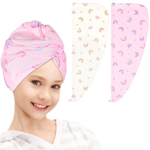 FIOBEE Microfiber Hair Towel Wrap for Kid Rapid Drying Towel Absorbent Hair Turbans for Wet Hair with Button Women Girls Long Curly Hair Pack of 2, Pink/Coffee Rainbow