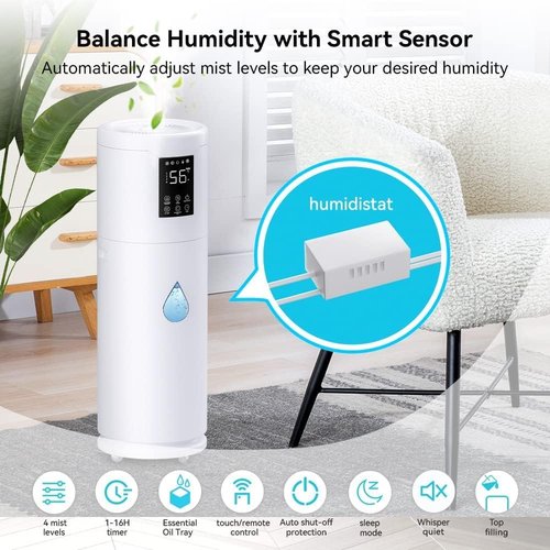 Humidifiers | Large 17L/4.5Gal Humidifier for Home & Office - 360° Nozzle & 4 Speed Mist