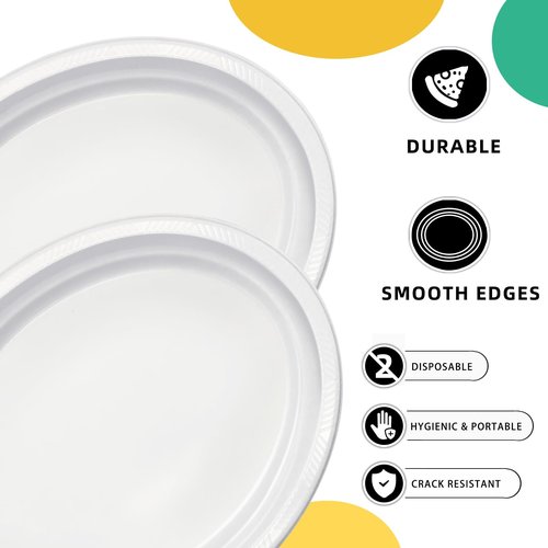 BONSINY 50 Count Disposable Plates - White Plastic Plates for Birthday Picnic BBQ Easter Spring Day (10" x 12")