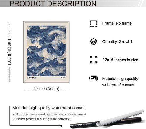 Japanese Blue Waves Wall Art | Vintage Japandi Wabi Sabi Canvas Print - Abstract Giant Waves, 12x16 Inch Unframed