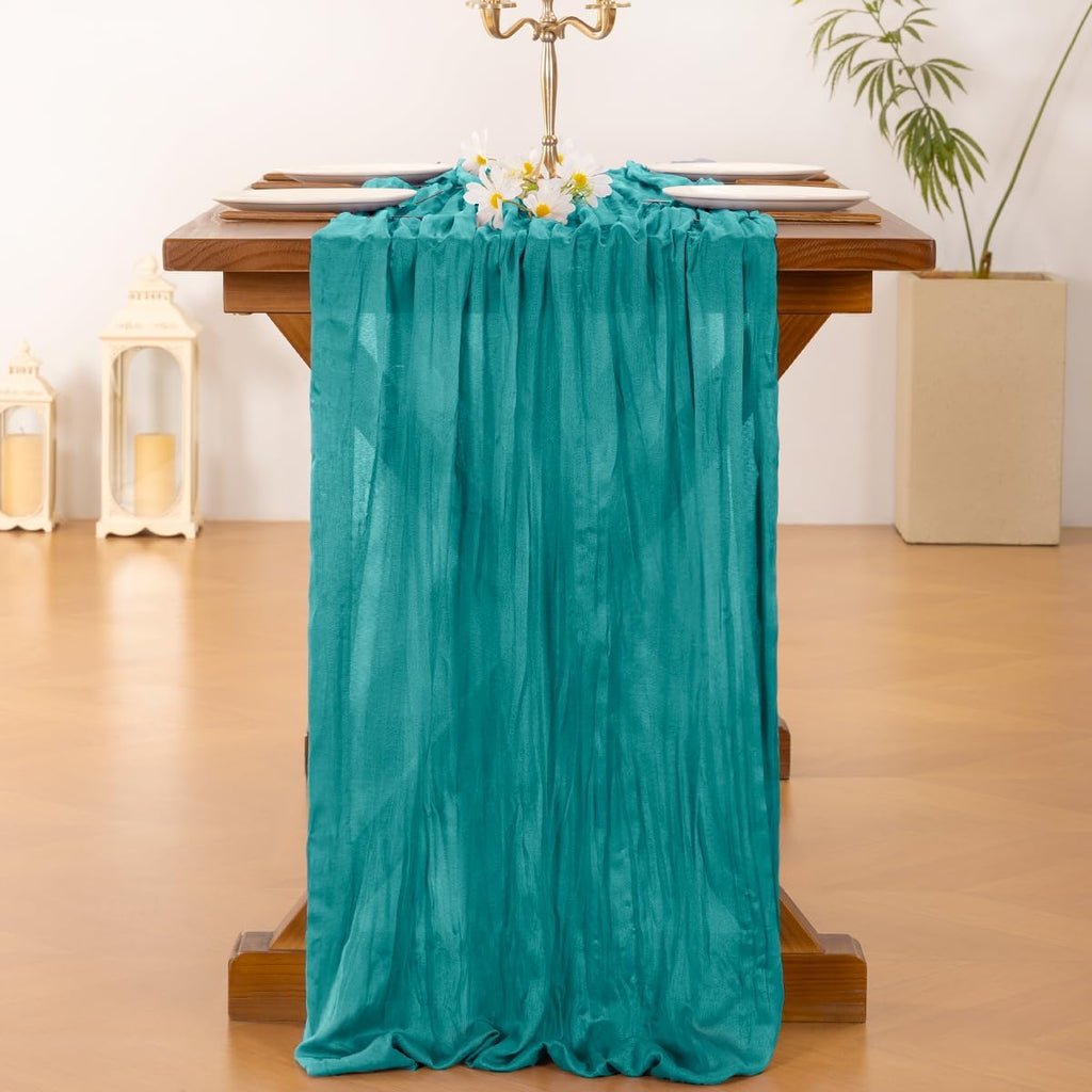 Socomi Teal Blue Cheesecloth Table Runner - 120 Inch Boho Rustic Gauze for Weddings & Events